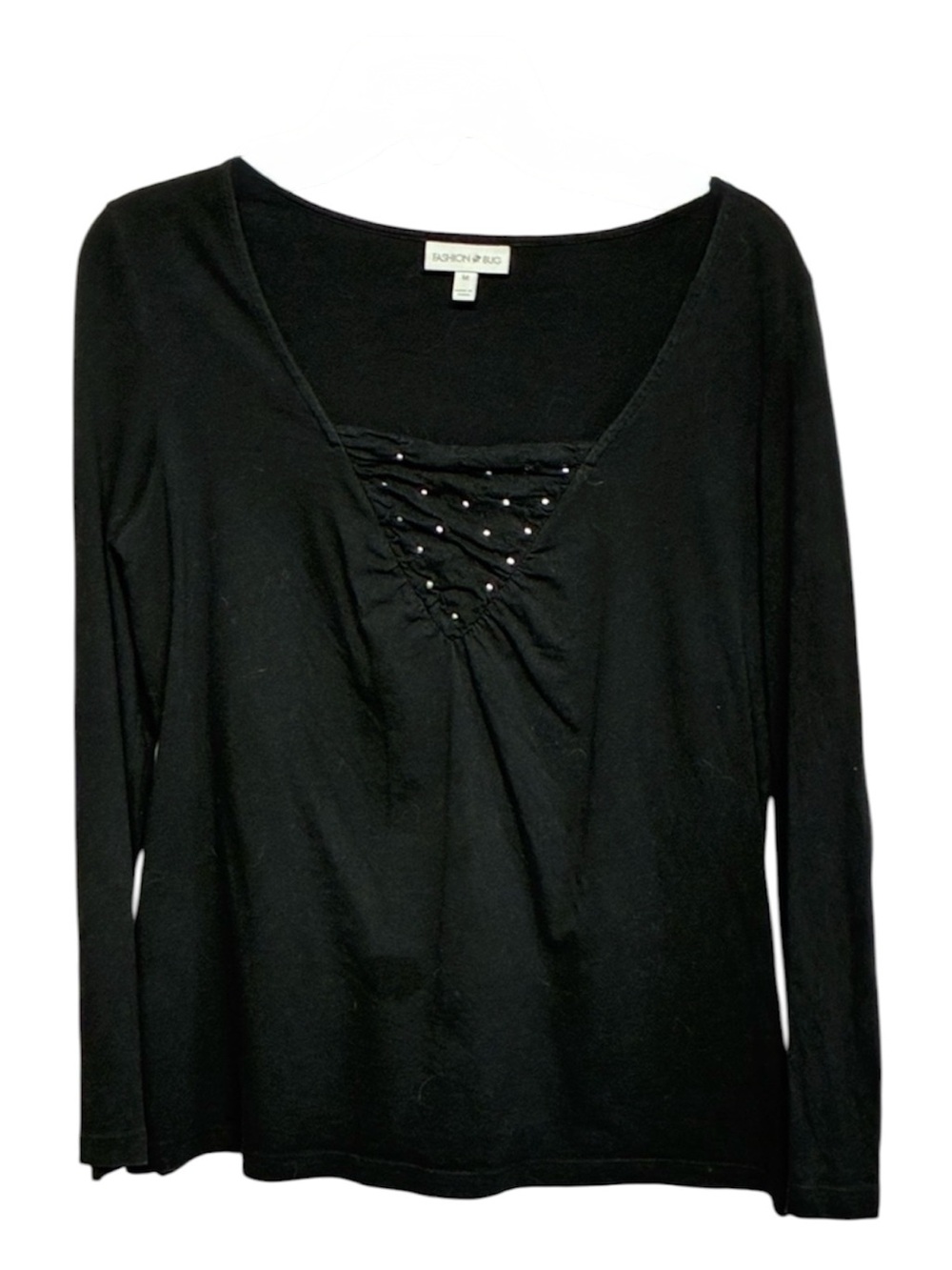 Fashion Bug Black Studded V-Neck Long Sleeve Top Size Medium Stretch